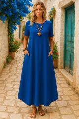 Kadın Kısa Kollu Bisiklet Yaka Cepli Salaş Viskon Elbise