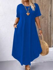 Kadın Kısa Kollu Bisiklet Yaka Cepli Salaş Viskon Elbise