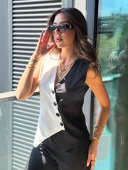 Kadın Sıfır Kol V Yakalı Düğmeli Blok Renkli Atlas Yelek