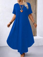 Kadın Kısa Kollu Bisiklet Yaka Cepli Salaş Viskon Elbise