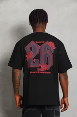Unisex Oversize Baskılı Bisiklet Yaka T-Shirt - Siyah