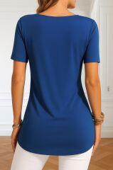 Kadın Kısa Kollu Yuvarlak Yaka Yandan Düğmeli Viskon Bluz