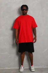 Unisex Oversize Düz Bisiklet Yaka T-Shirt - Kırmızı