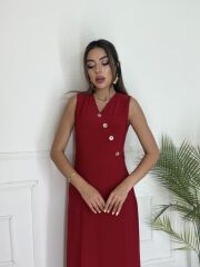 Kadın Düğme Detay Kolsuz Maxi Boy Elbise