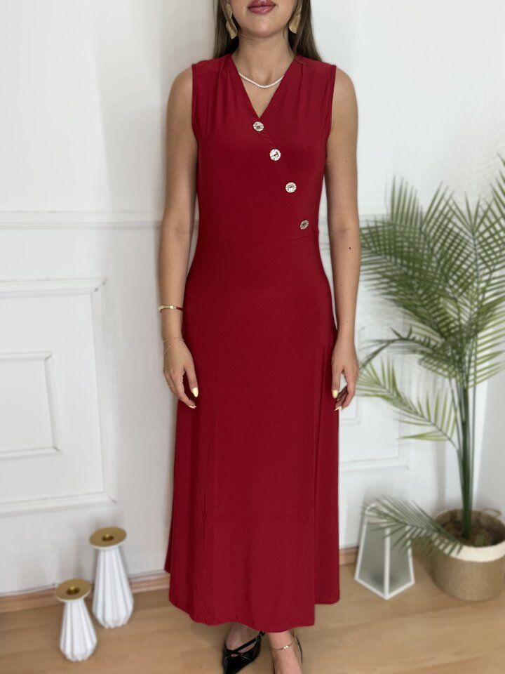 Kadın Düğme Detay Kolsuz Maxi Boy Elbise