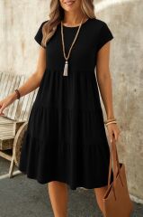 Kadın Kısa Kollu Bisiklet Yaka Desenli Fırfırlı Süprem Elbise