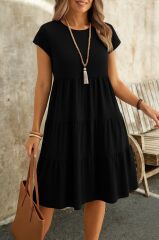 Kadın Kısa Kollu Bisiklet Yaka Desenli Fırfırlı Süprem Elbise