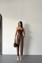 PANTOLON PENSLİ ATLAS KUMAŞ - Kahverengi