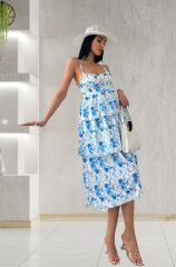 Kadın Sıfır Kol Askılı Dekolteli Yırtmaç Detay çiçek Baskılı Süprem Midi Elbise