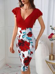 Kadın Kısa Kollu üstü Kırmızı Viskon Altı çiçek Baskılı Dalgıç Mini Elbise