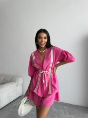 KETEN BEL BÜZGÜLÜ BLUZ-PANTOLON TAKIM - Fuşya