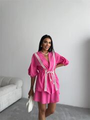 KETEN BEL BÜZGÜLÜ BLUZ-PANTOLON TAKIM - Fuşya