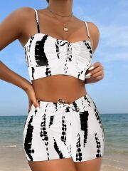 Kadın Büzgü Detay Askılı Crop Mini Tayt Ikili Takım