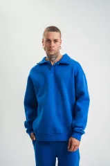 Unisex Double Oversize Patlı Yaka  SweatShirt - Mavi