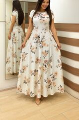 Kadın Kısa Kollu Bisiklet Yaka Puantiyeli Maksi örme Krep Elbise