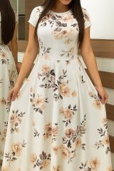 Kadın Kısa Kollu Bisiklet Yaka Puantiyeli Maksi örme Krep Elbise