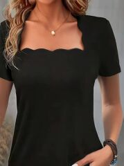 Kadın Kısa Kollu Kare Lazer Yakalı Janjan Krep Bluz