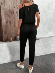Kadın Tek Omuzdan Açık Viskon Iki Iplik Bluz Bağcıklı Pantolon Ikili Takım