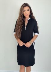 Kadın Kısa Kollu Yakadan Fermuarlı Cepli Yandan Yırtmaçlı Viskon Elbise