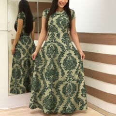 Kadın Kısa Kollu Bisiklet Yaka Puantiyeli Maksi örme Krep Elbise