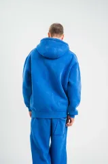 Unisex Double Oversize Kapşonlu Yıkamalı SweatShirt - Mavi