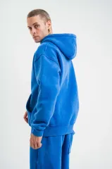 Unisex Double Oversize Kapşonlu Yıkamalı SweatShirt - Mavi