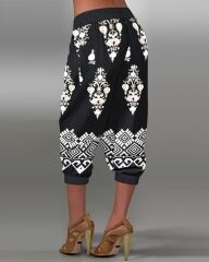 Kadın Beli Lastikli Etnik Desenli Kapri Süprem Pantolon