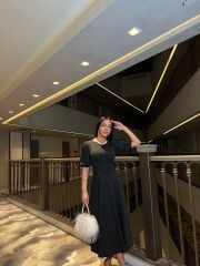 Kadın Bisiklet Yaka Kısa Kol Lastik Detay Uzun Elbise