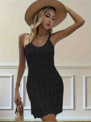 Kadın Askılı Desenli Yandan Yırtmaçlı Triko Elbise