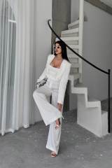 JAKARLI BLUZU TASARIM DETAYLI CEKET-PANTOLON-BLUZ 3 LÜ TAKIM - Beyaz