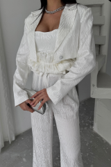 JAKARLI BLUZU TASARIM DETAYLI CEKET-PANTOLON-BLUZ 3 LÜ TAKIM - Beyaz