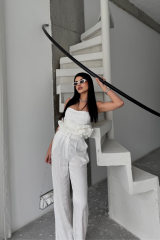 JAKARLI BLUZU TASARIM DETAYLI CEKET-PANTOLON-BLUZ 3 LÜ TAKIM - Beyaz