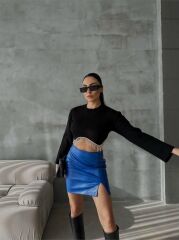 KAPİTONE DERİ ETEK YIRTMAÇLI - Saks