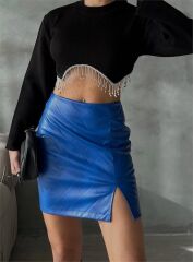 KAPİTONE DERİ ETEK YIRTMAÇLI - Saks