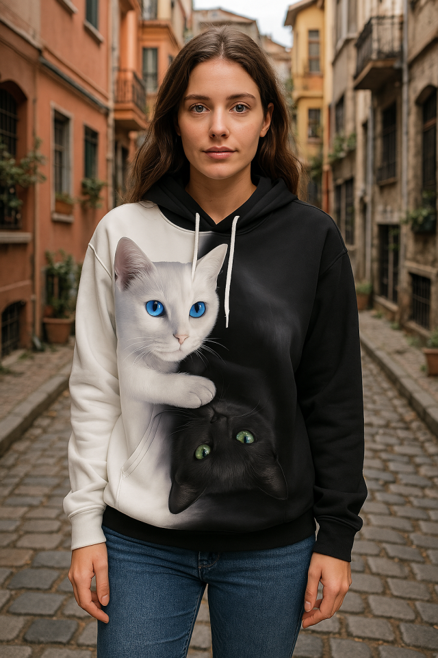 Kadın Uzun Kollu Kapşonlu Bağcıklı Kedi Desenli şardonlu Dalgıç Bluz