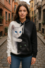 Kadın Uzun Kollu Kapşonlu Bağcıklı Kedi Desenli şardonlu Dalgıç Bluz