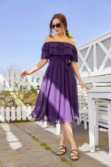 Kadın şifon Kumaş Astarlı Madonna Fırfır Yaka Elbise