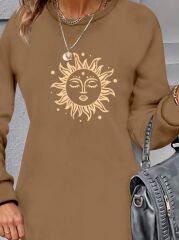 Kadın Uzun Kollu Bisiklet Yaka Güneş Desenli Viskon Iki Iplik Elbise