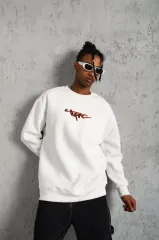 Erkek 3 İplik Gangster Baskılı Sweatshirt - Beyaz