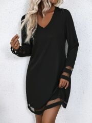 Kadın Uzun Kollu V Yakalı şeritli Tül Detaylı Ithal Krep Elbise