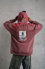 Erkek Ön Ve Arka Baskılı Kapüşonlu 3 İplik Sweatshirt - Gül Kurusu