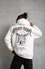 Erkek Kordon İpli Baskılı Kapüşonlu Sweatshirt - Beyaz
