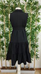 Kadın Kısa Kollu Gömlek Yaka Düğmeli Beli Kuşaklı Katlı Dokuma Midi Elbise