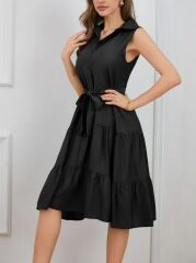 Kadın Kısa Kollu Gömlek Yaka Düğmeli Beli Kuşaklı Katlı Dokuma Midi Elbise