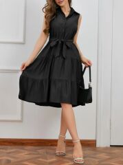 Kadın Kısa Kollu Gömlek Yaka Düğmeli Beli Kuşaklı Katlı Dokuma Midi Elbise