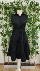 Kadın Kısa Kollu Gömlek Yaka Düğmeli Beli Kuşaklı Katlı Dokuma Midi Elbise