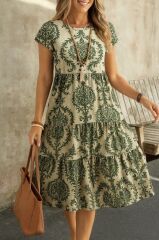 Kadın Kısa Kollu Bisiklet Yaka Desenli Fırfırlı Süprem Elbise