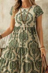 Kadın Kısa Kollu Bisiklet Yaka Desenli Fırfırlı Süprem Elbise