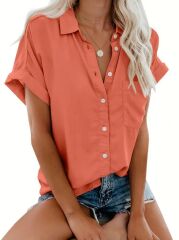 Kadın Kısa Kollu V Yakalı önden Düğmeli Dokuma Gömlek