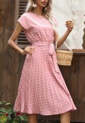 Kadın Kolsuz Beli Kuşaklı Puantiyeli Sandy Elbise